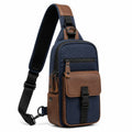 Borsa a tracolla monospalla 18 x 8 x 32 cm in tessuto blu e similpelle marrone con tasche