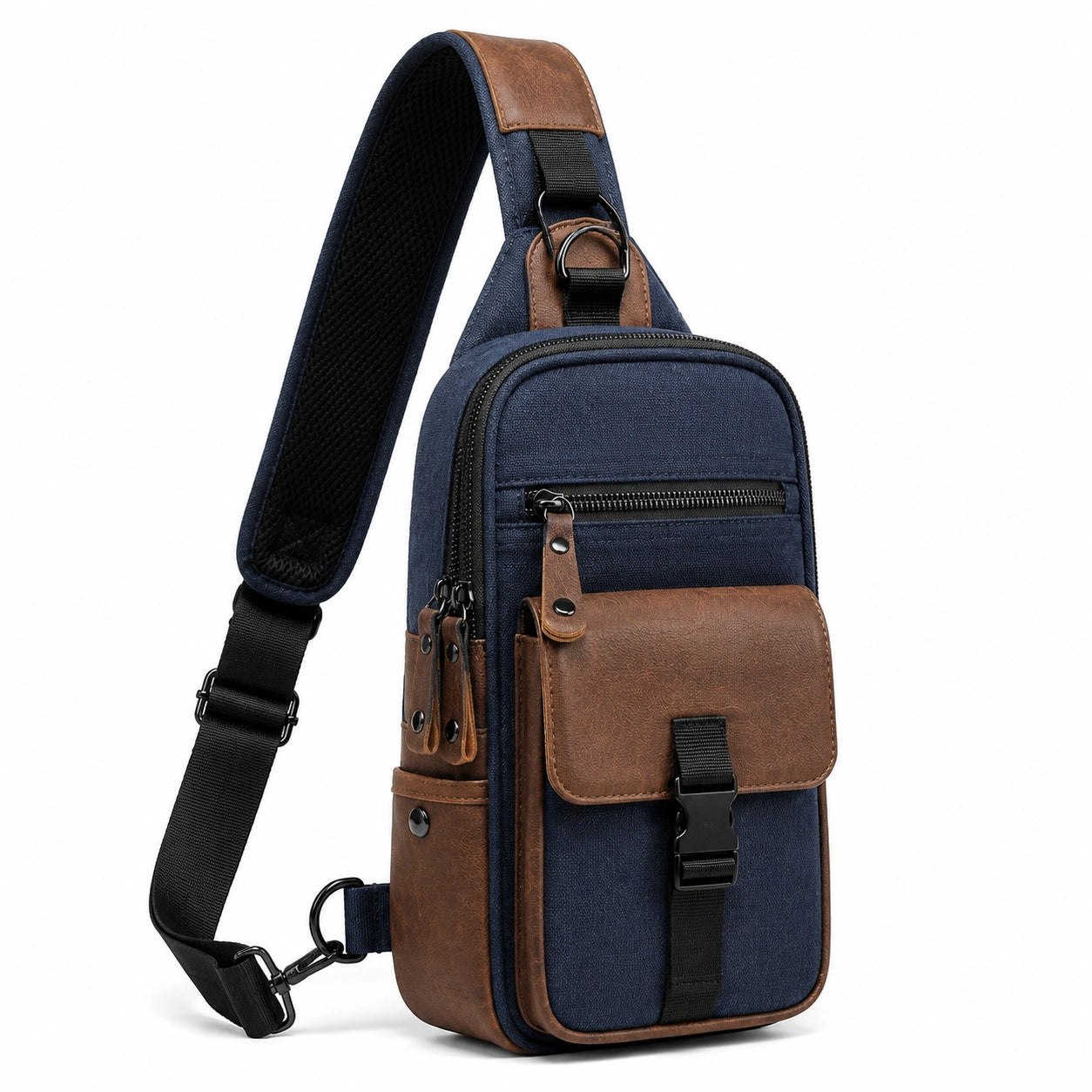 Borsa a tracolla monospalla 18 x 8 x 32 cm in tessuto blu e similpelle marrone con tasche