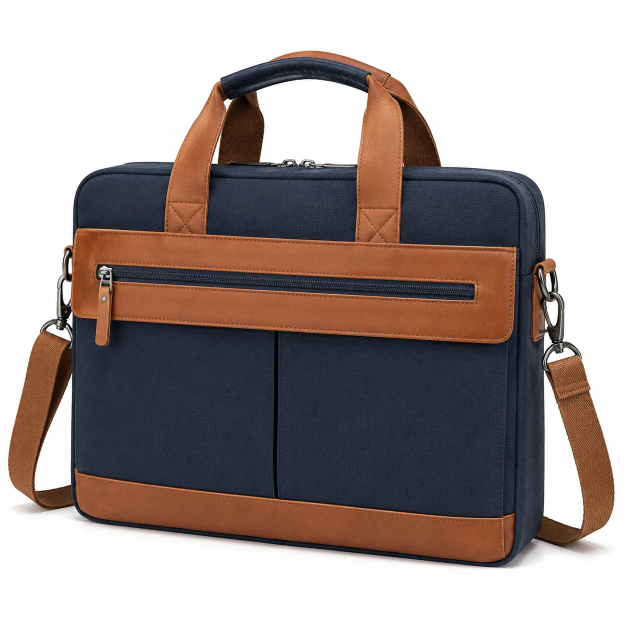 Borsa portadocumenti 40×8×30 cm in tessuto blu navy e similpelle marrone con tracolla