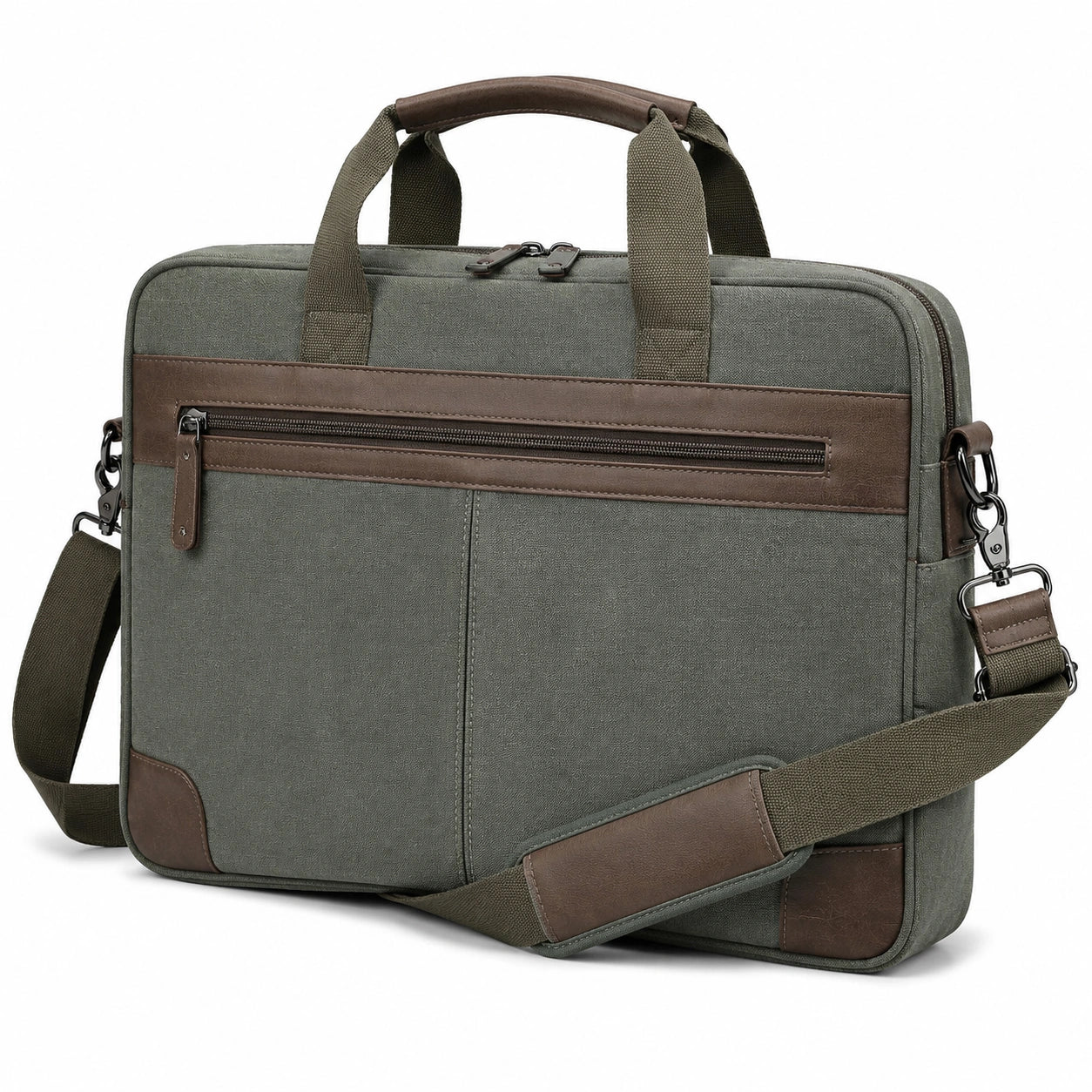 Borsa porta computer 40 x 8 x 30 cm in tessuto verde e similpelle marrone con tracolla