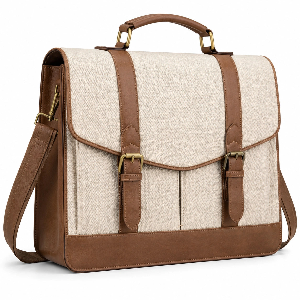 Borsa messenger 38 × 12 × 30 cm in tessuto e similpelle beige marrone con tracolla
