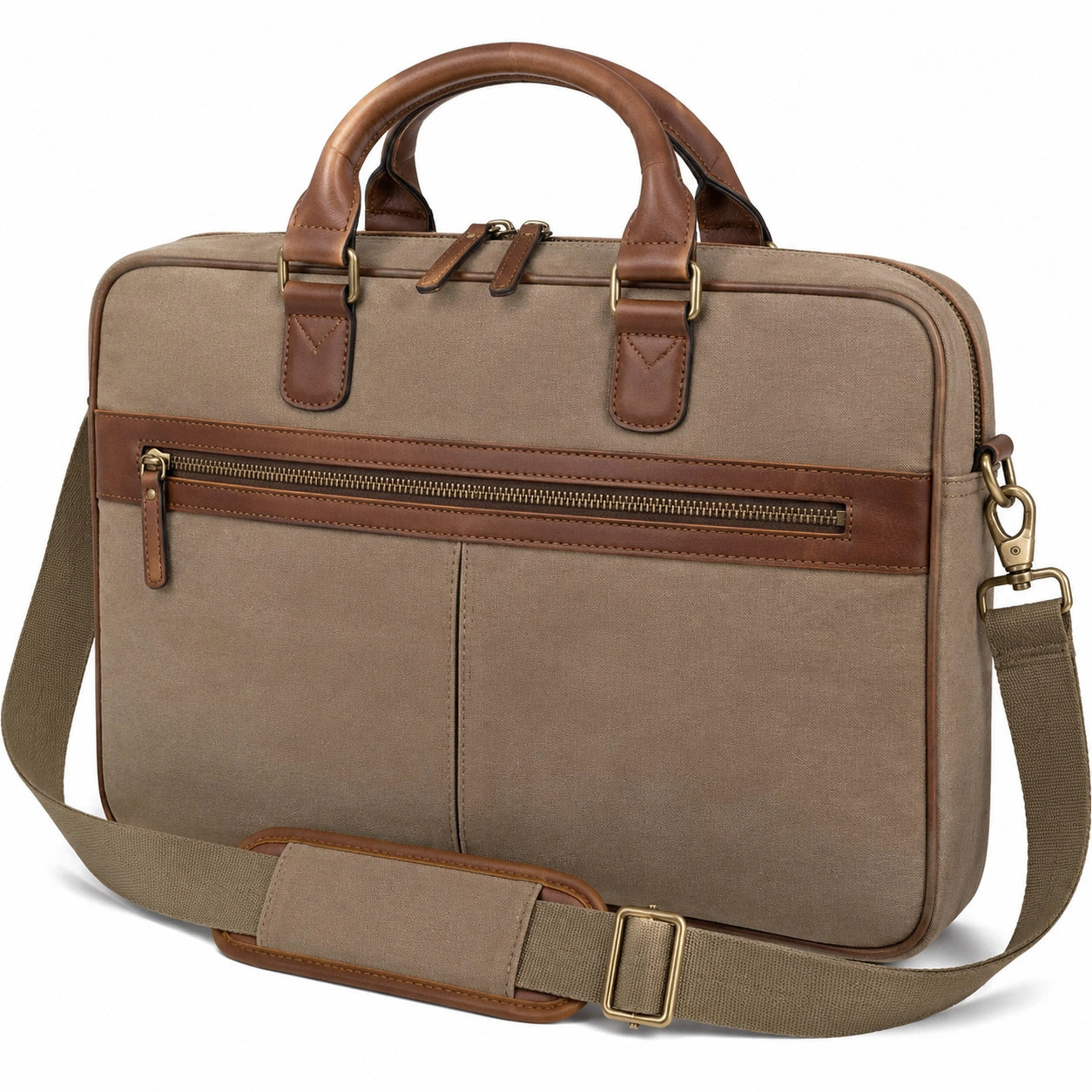 Borsa portadocumenti 40 x 8 x 30 cm in tessuto beige e similpelle marrone con tracolla regolabile