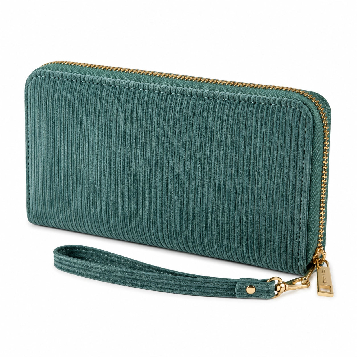 Portafoglio da donna 20 x 10 x 2.5 cm in tessuto a coste verde petrolio con zip e cinturino da polso