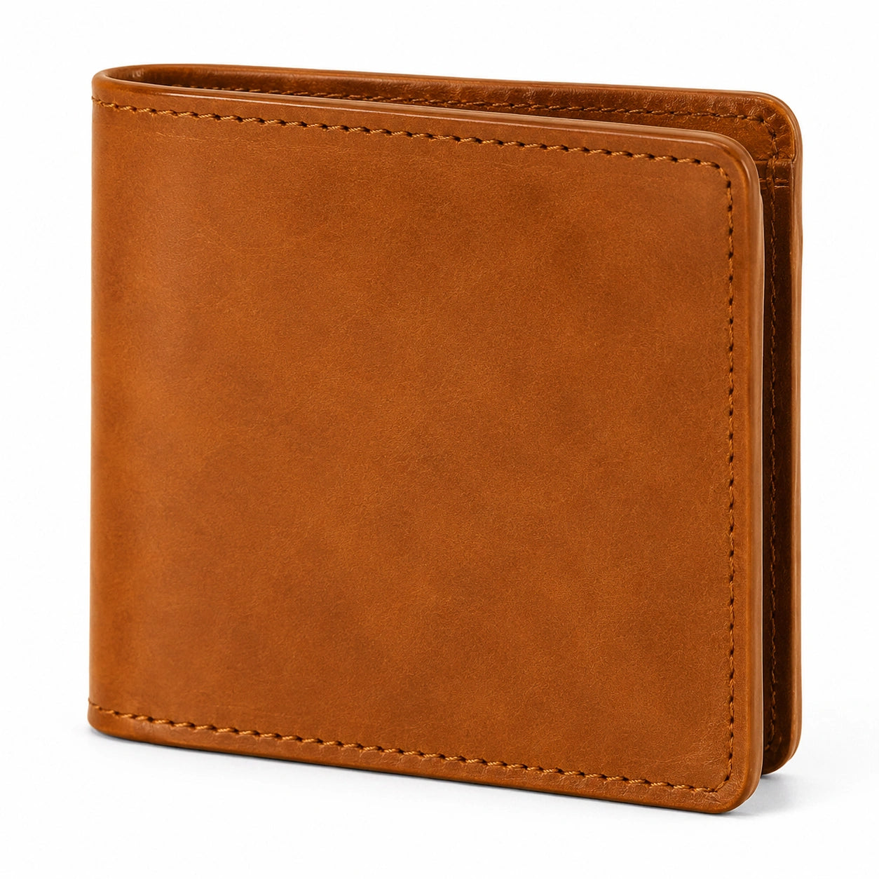 Portafoglio bifold 11 x 9 x 2 cm in similpelle marrone cognac - compatto con cuciture a vista