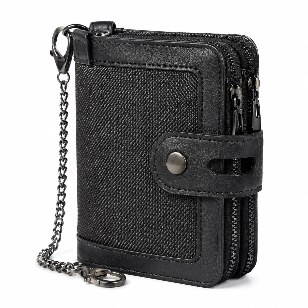 Portafoglio unisex 12 x 3 x 10 cm in materiale sintetico nero con catena e doppia zip