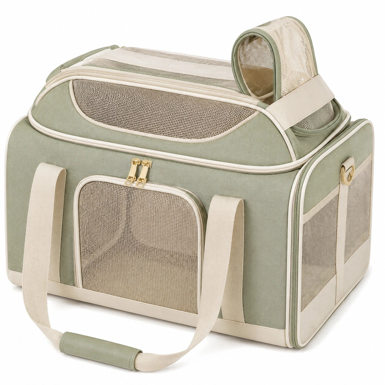 Trasportino per animali 45 x 28 x 30 cm in tessuto e rete verde salvia pieghevole ventilato