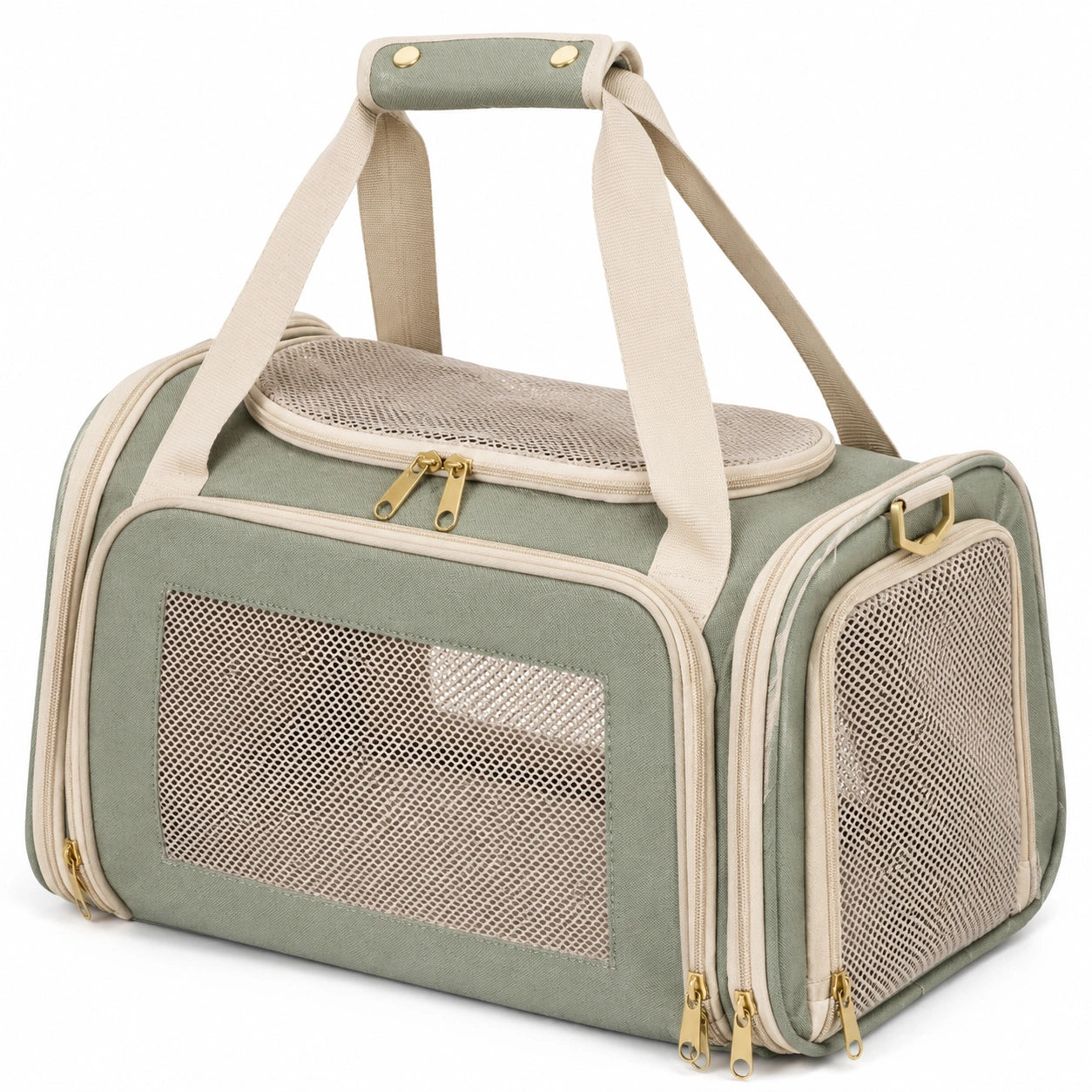 Trasportino per animali 45×28×28 cm in tessuto verde salvia con rete - pieghevole e ventilato