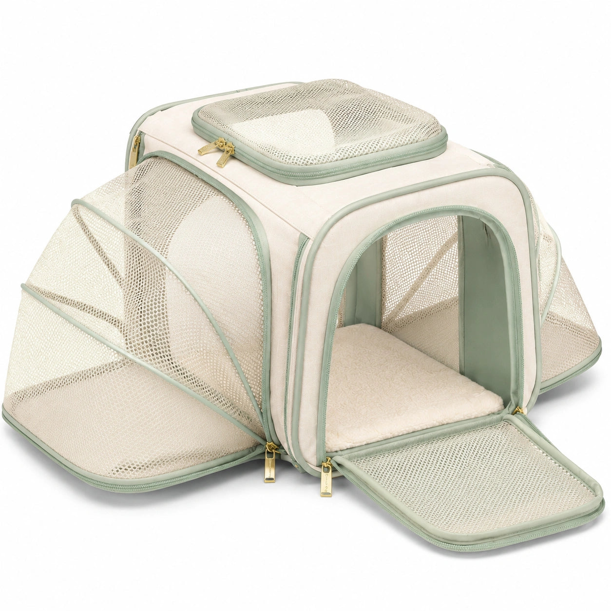 Trasportino pieghevole per animali 45 x 30 x 30 cm in tessuto e rete beige verde salvia con spazio espandibile