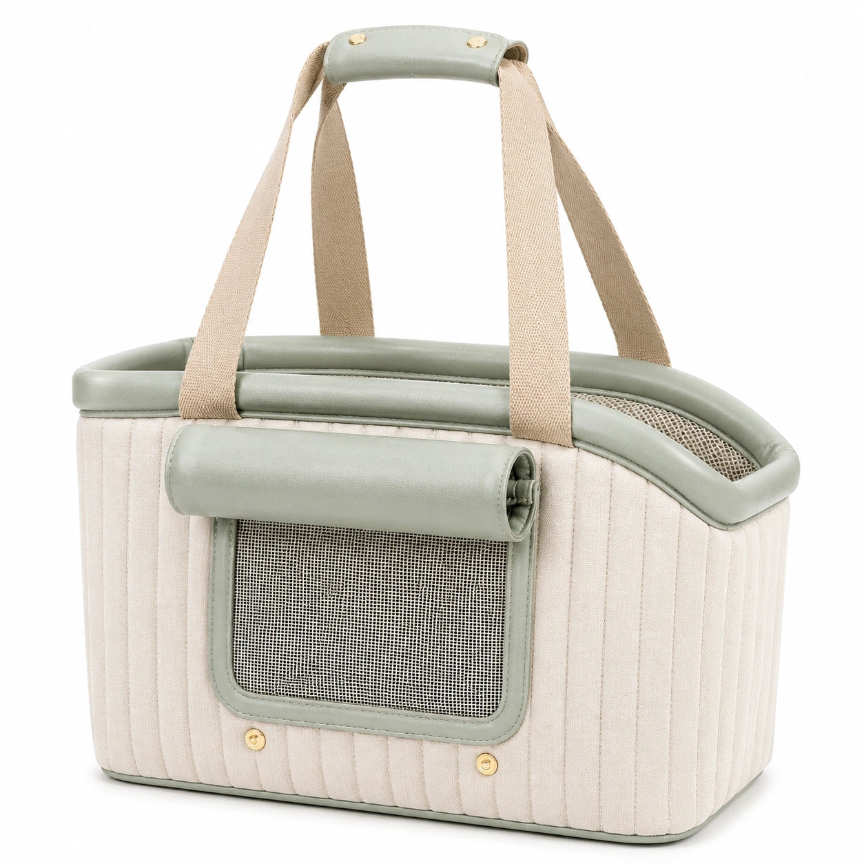 Trasportino per animali 45 x 28 x 32 cm in tessuto beige e verde salvia con rete e manici