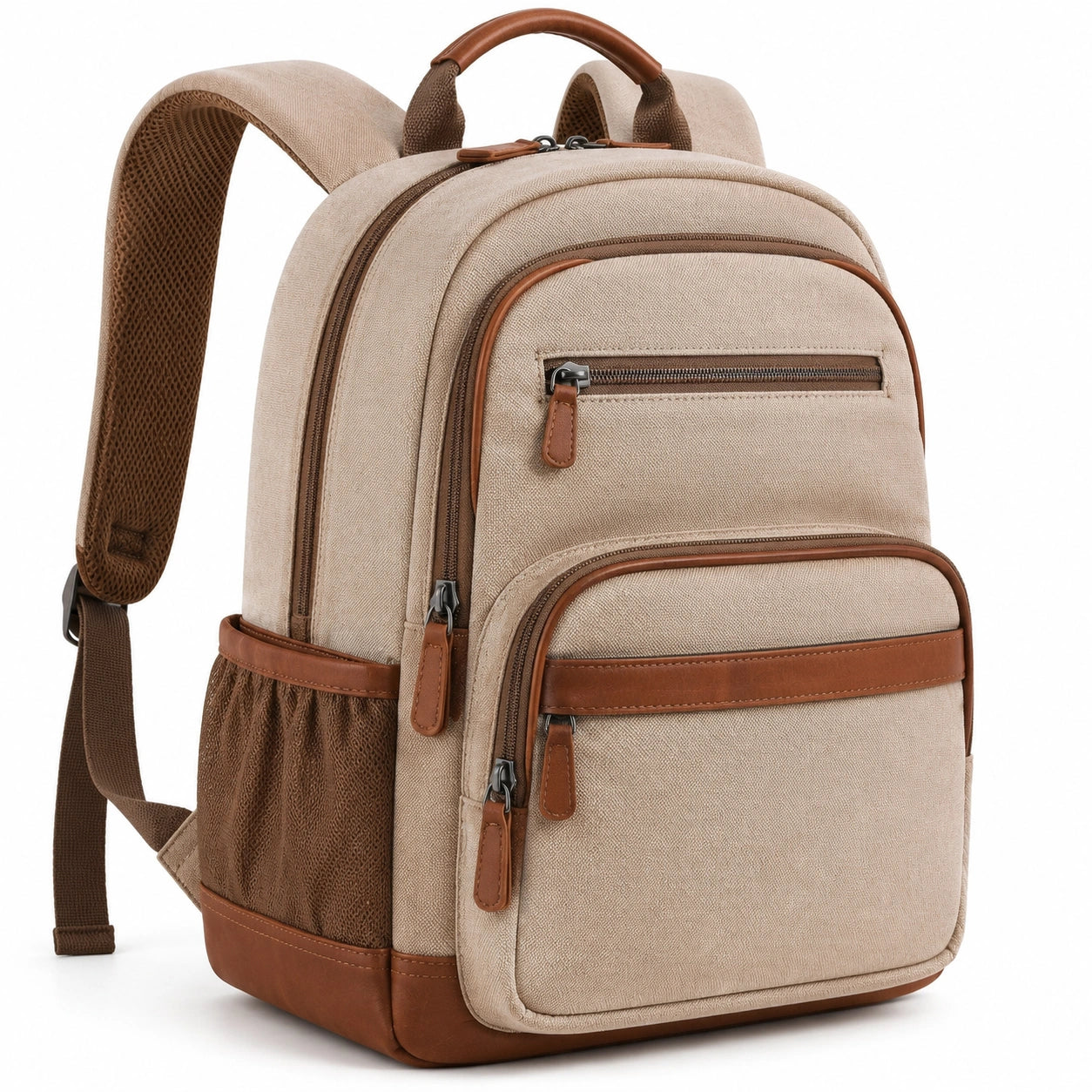 Zaino 30 x 16 x 40 cm in tessuto beige e marrone con tasche multiple per uso quotidiano